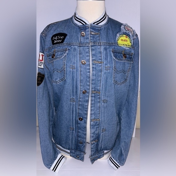 Denim Varsity Jacket with decorative patches. Button front with button pockets. - Picture 2 of 7